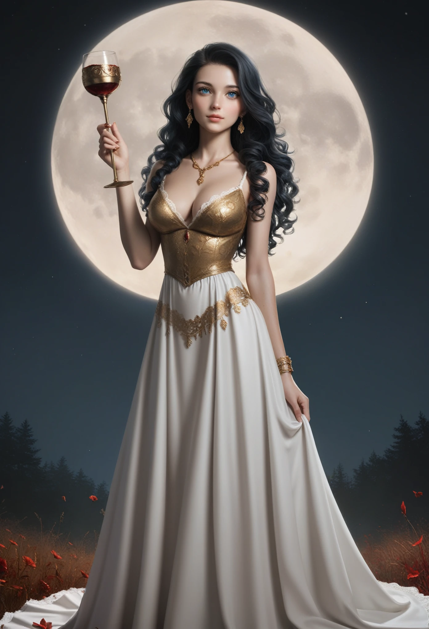 score_9, score_8_up, score_7_up, score_6_up, 1girl, solo, (black_hair:1.5), wavy_hair, jewelry, dress, blue_eyes, earrings, (long_hair:1.5), looking_at_viewer, curly_hair, full_body, lips, lace, white_dress, gold_dress, (night:1.3), cxqz8r, medieval_dress, medieval_landscape, fullmoon, rpg, (uso_da:1.5), narrow_waist, (skinny:1.3), (pale_skin:1.4), (large_breasts:1.2), (severed_arm:1.5) in the hand, blood, blood_on_hands, blood_on_clothes, (holding_limb:1.5)