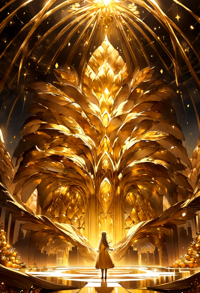 A big tree，It is covered with golden and shiny fruits，Standing alone by the castle，A bird with shining golden wings flies beside it