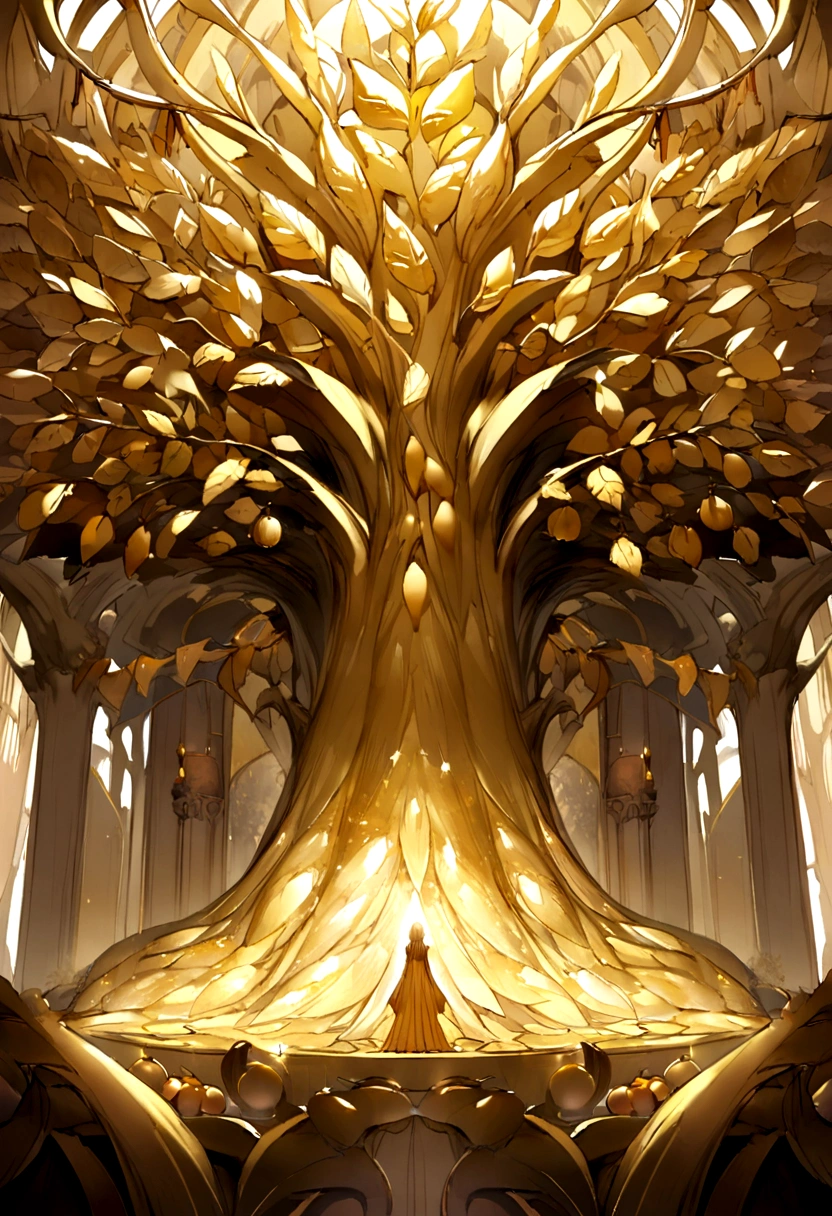 A big tree,It is covered with golden and shiny fruits,Standing alone by the castle,A bird with shining golden wings flies beside it