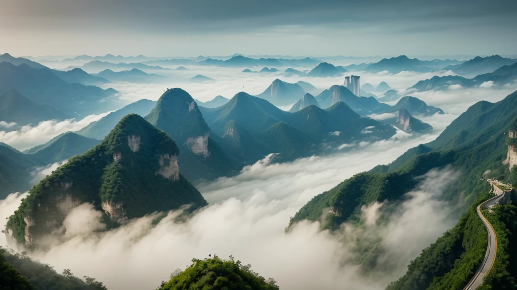 The Tianmen Mountain soars into the clouds, the Chu River meanders like a green belt, in the style of Chinese landscape painting, rich in detail, a thousand-mile scroll, with green and gold tones, an ancient artistic style, tranquil and eternal, traditional art, rich in detail, ink wash effect, soft lighting, peaceful and serene, animation art style.
