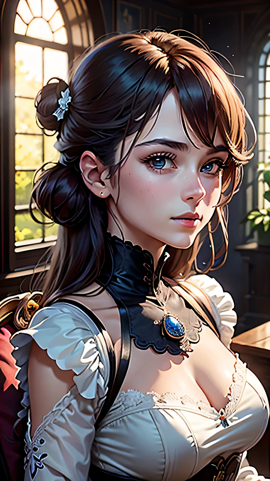 masterpiece, Highest quality, (8K wallpapers incorporating highly detailed CG), (Highest quality), (Best illustrations), (Best Shadow), (Stable Diffusion Model), Violet Evergarden, Sparkling, beautiful, victorian style bedroom, Dynamic Lighting, Written boundary depth､((Upper body portrait))､Upper body portrait