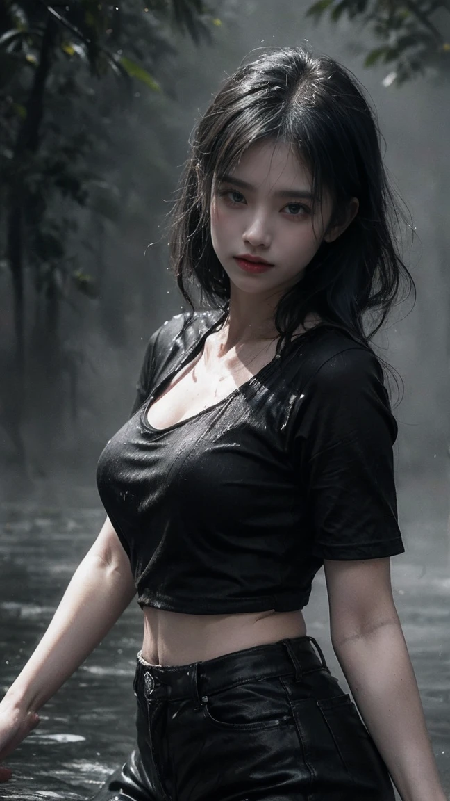 
Stop-action photo of woman enjoy playing in the rain, wearing black t-shirt, wearing hot pants. hier body grazing the raindrops, creating an image of raindrops frozen in mid- air, as if frozen by a stunning force. extremely details. masterpiece. beautiful light. in the middle of a river in a dense tropical forest.