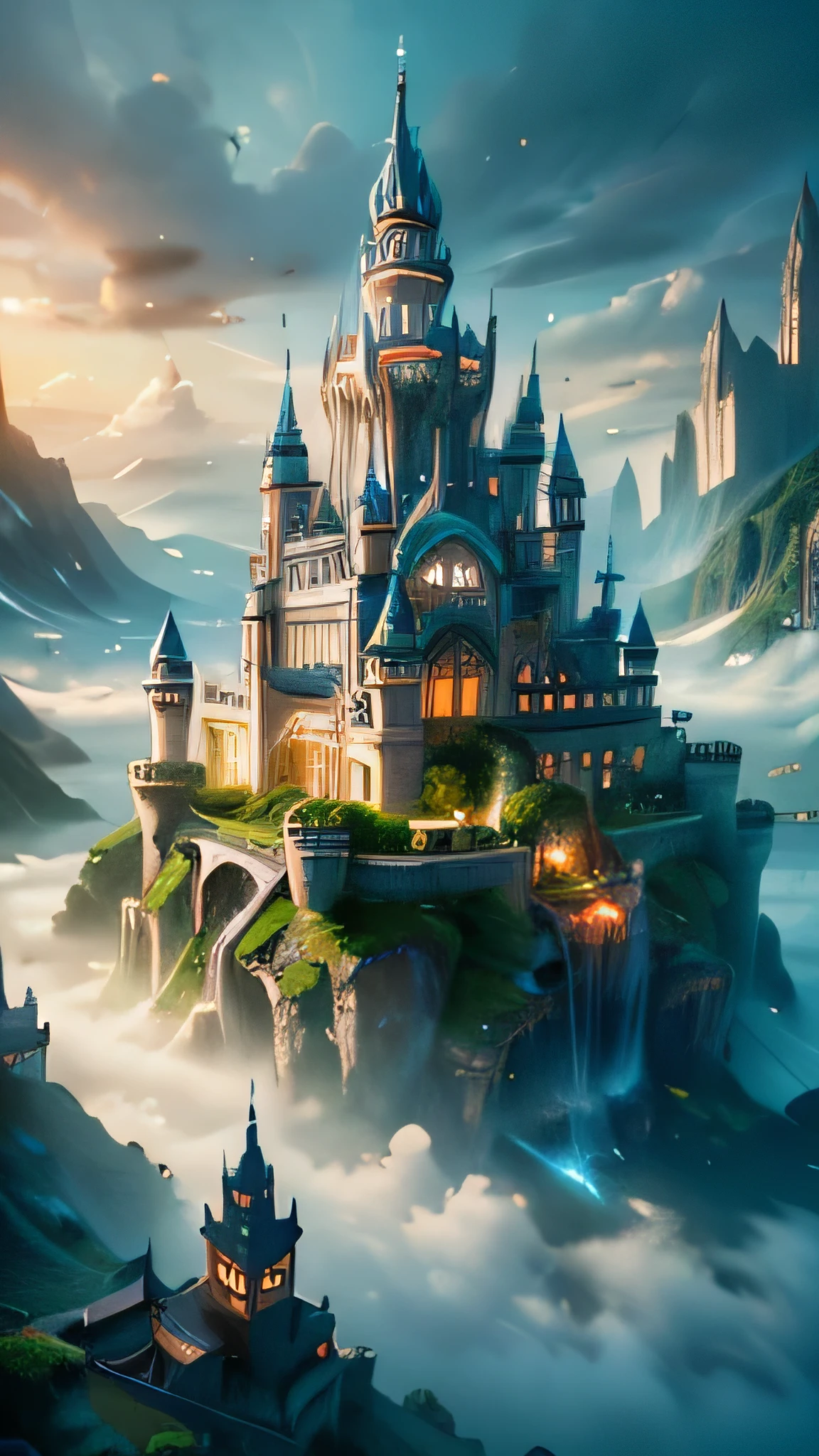 super fine illustration, top quality, floating castle, majestic architecture, detailed towers, surrounded by clouds, bright blue sky, sunlit atmosphere, lush greenery, waterfalls cascading, ethereal glow, fantasy style, vibrant colors, magical ambiance, wide angle, intricate details, enchanting scene