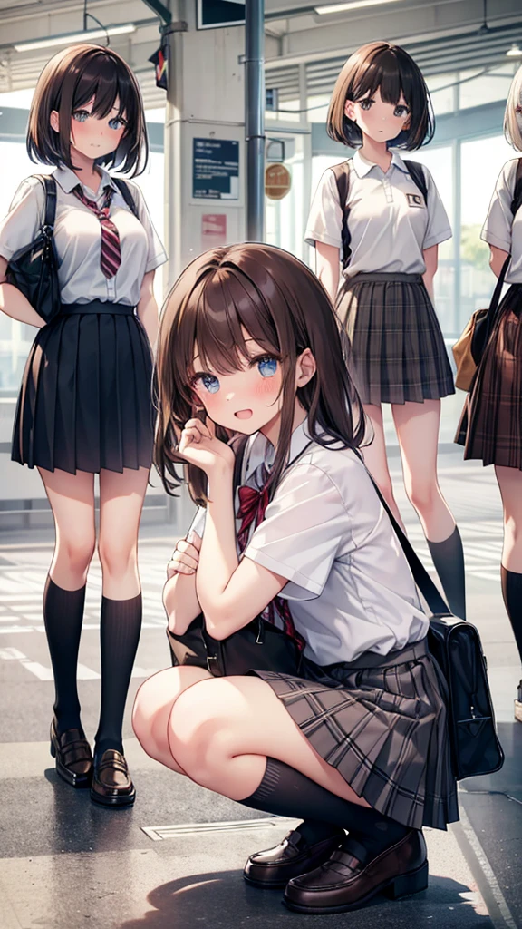 long hair, looking at viewer, blush, smile, open mouth, bangs, blue eyes, (multiple girls:1.4), skirt, brown hair, shirt, black hair, short sleeves, brown eyes,  long hair, squatting, white polo shirt, pleated skirt, outdoors, open clothes, shoes, day, socks, striped, collared shirt, hand up, (3girls:1.4), bag, plaid, kneehighs, nose blush, plaid skirt, brown footwear, flying sweatdrops, loafers, grey skirt, school bag, diagonal stripes, train station
