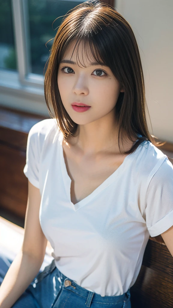 (top-quality,​masterpiece:1.3,超A high resolution,),(ultra-detailliert,Caustics),(Photorealsitic:1.4,RAW shooting,)Ultra-realistic capture,A highly detailed,High resolution 16K human skin close-up。 Skin texture is natural、,The pores are、Must be detailed enough to be easy to identify。 Skin should look healthy with even tones。 Use natural light and color, Gorgeus Girl, Beautiful, Baby Face, 20 Years Old, White Skin, Beside, Sexy Pose, white t-shirt, Blue Eye, Bokeh, bedroom Background, Masterpiece, Fullbody Shot, short pants.