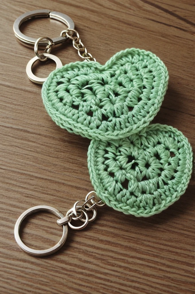make a crochet keychain with light green chains string and a butterfly on the right end and a heart and flower with a button in the middle
