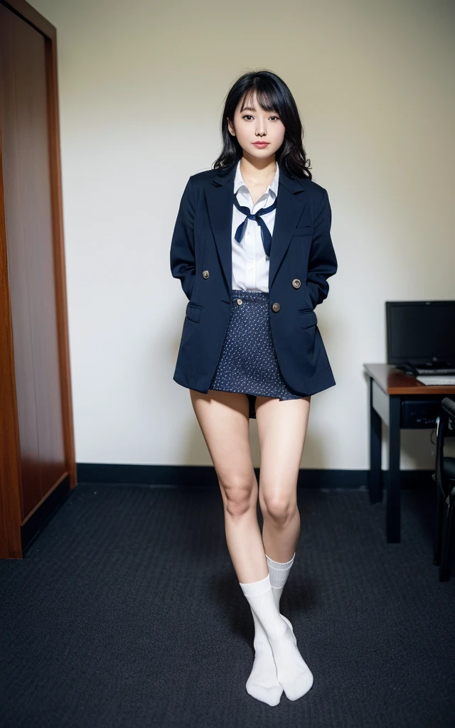((最high quality, 8K, masterpiece: 1.3)), Realistic, Sharp focus, high quality, High resolution, Photographic images、alone, Japan, young woman, beauty, Clothes that reveal cleavage, 20-year-old, Wavy Hair, ((wear, (Formal jacket dark blue), White shirt, Short tie, Mini skirt with check pattern, Socks are white, The theme color is dark navy)), The eyes are clear(Showing panties:1.5)), Leg spread, Bright room with lots of files, office