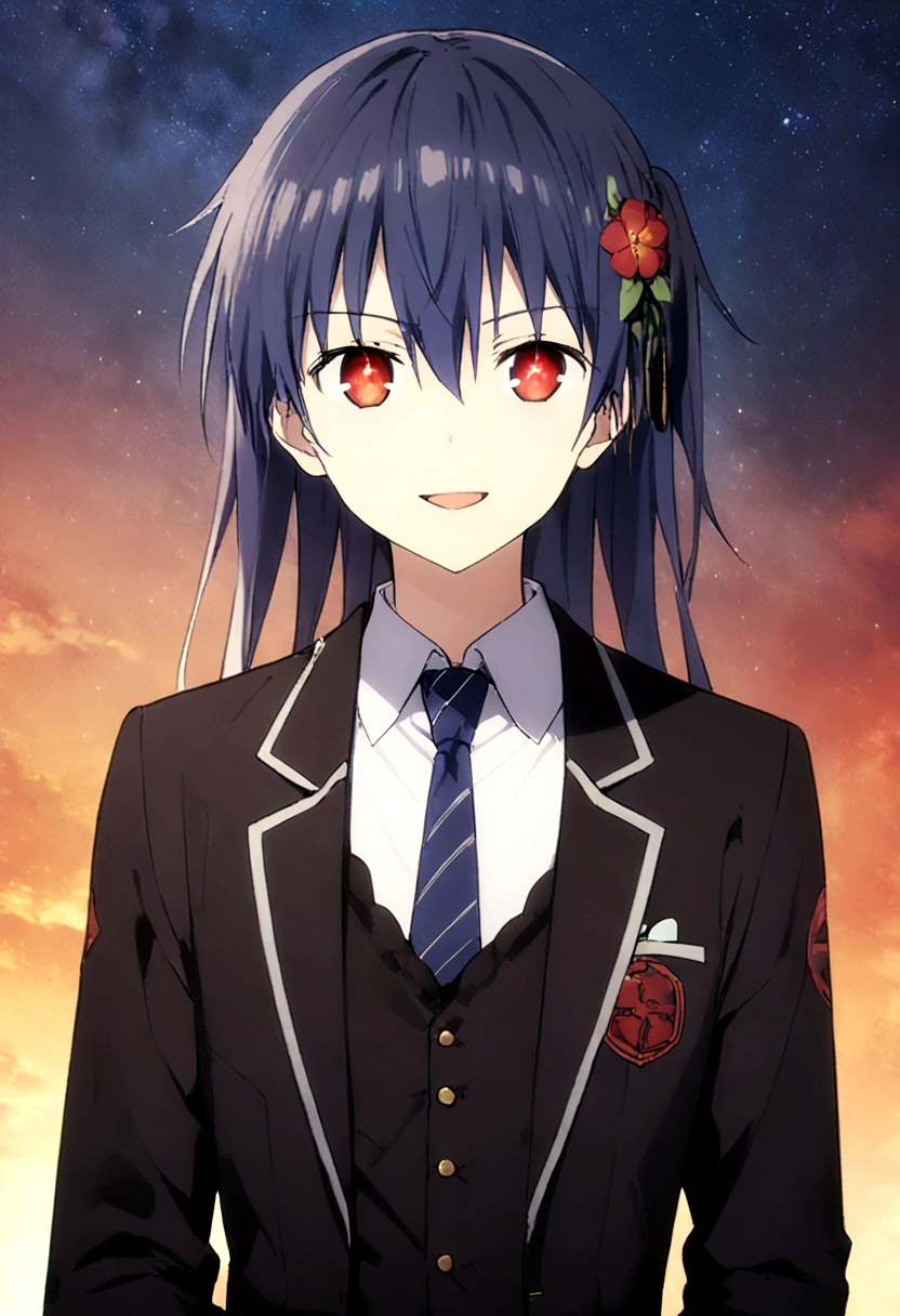 (itsuka shido, 1boy, blue hair, upper body, expressive eyes, school uniform, Black jacket, white shirt, black pants, blue tie, smile, open mouth), He stares at the viewer while shaking his hand towards the viewer. masterpiece, best quality, ((dynamic_angle)),outdoors,

1 girl solo,((medical))_eyepatch,red_eyes,loose_hair,very_long_hair,gothic_****ta,hair_flower,glowing_eyes,floating_hair,smile,

