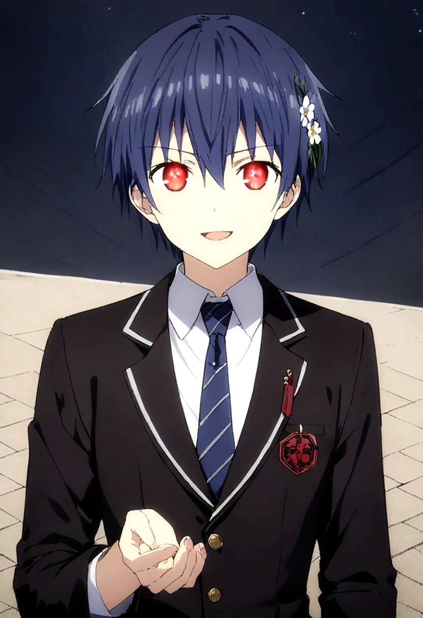 (itsuka shido, 1boy, blue hair, upper body, expressive eyes, school uniform, Black jacket, white shirt, black pants, blue tie, smile, open mouth), He stares at the viewer while shaking his hand towards the viewer. masterpiece, best quality, ((dynamic_angle)),outdoors,

1 girl solo,((medical))_eyepatch,red_eyes,loose_hair,very_long_hair,gothic_****ta,hair_flower,glowing_eyes,floating_hair,smile,

