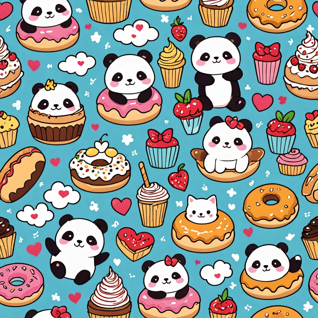 Create an adorable and playful T-shirt design in a kawaii style, featuring a group of cute, chubby animals like pandas, kittens, and bunnies. Have them engaged in a fun picnic scene, with oversized food items like donuts, cupcakes, and sandwiches. Use pastel colors and soft, rounded lines to enhance the cuteness and whimsy of the scene. Add small, cheerful details like smiling flowers, heart-shaped clouds, and musical notes to complete the charming and delightful design.