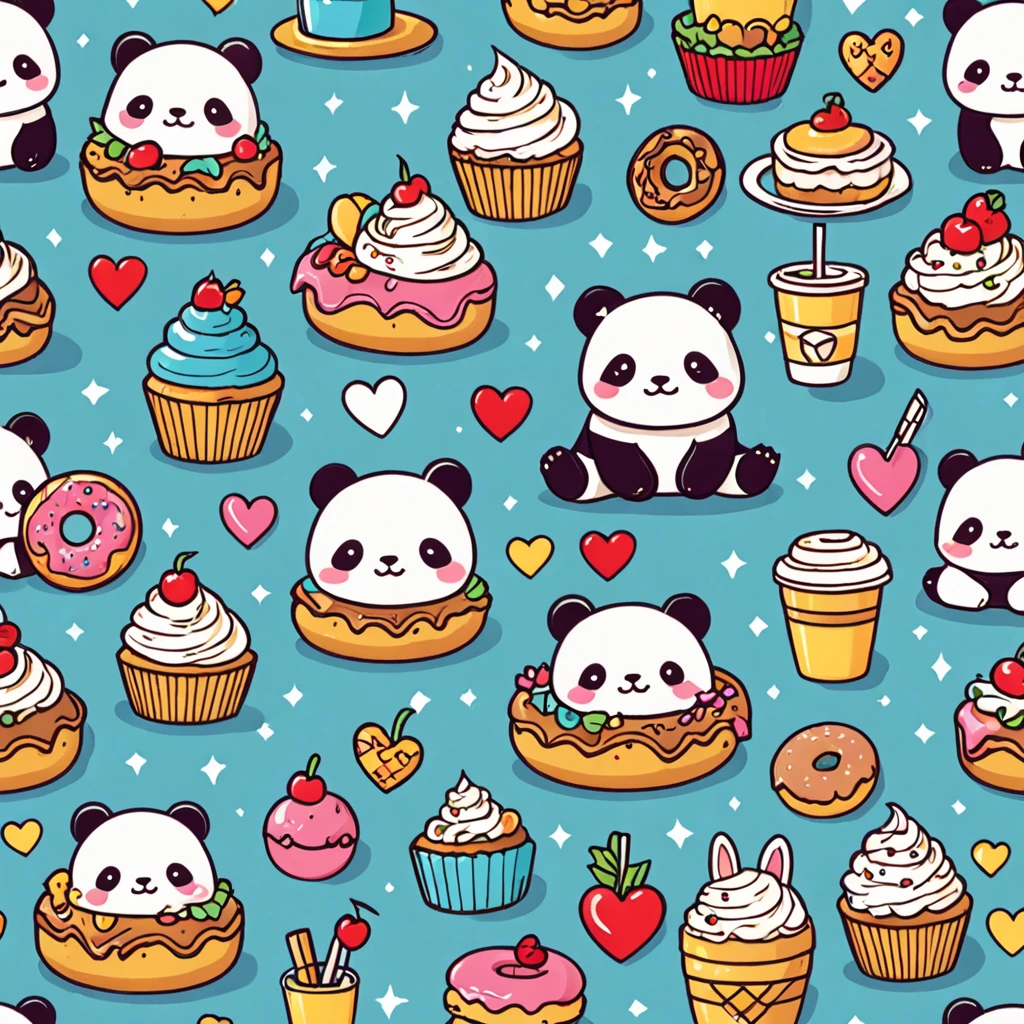 Create an adorable and playful T-shirt design in a kawaii style, featuring a group of cute, chubby animals like pandas, kittens, and bunnies. Have them engaged in a fun picnic scene, with oversized food items like donuts, cupcakes, and sandwiches. Use pastel colors and soft, rounded lines to enhance the cuteness and whimsy of the scene. Add small, cheerful details like smiling flowers, heart-shaped clouds, and musical notes to complete the charming and delightful design.