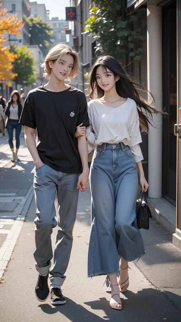 Please create an image of a stunning beauty who is half French and half Japanese. She has an exceptionally beautiful face, with striking blue eyes and long, straight blonde hair. She wears a cute dress and has a joyful smile, with the corners of her mouth turned up. The second person is a man with black hair and long bangs. He wears a T-shirt and denim. His expression is slightly bashful. The composition should depict both of them in full-body view, walking side by side. They appear to be having a conversation while walking together. Their eyes meet, and they share a happy laugh. The background is a university campus.