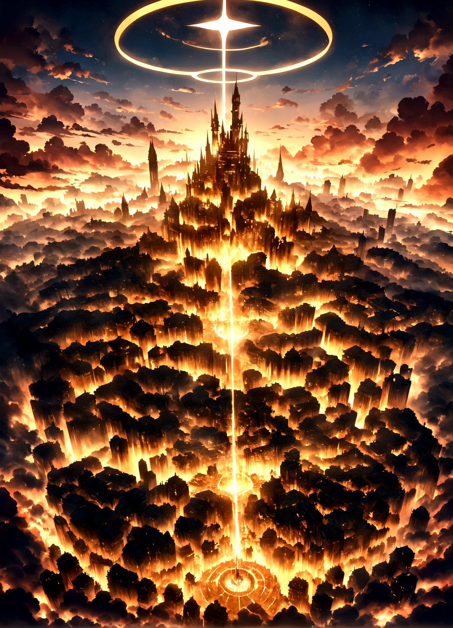 Painting of a city with a castle surrounded by angels flying around, Empyrian City, god々々godの領域, Utopian City, gold gates of heaven!!!!!!!!, Esoteric equation heaven, Heaven on Earth, Breathtaking芸術, Breathtaking, City in the Sky, Apocalypse in the city, City in the clouds, Elaborate dark paint