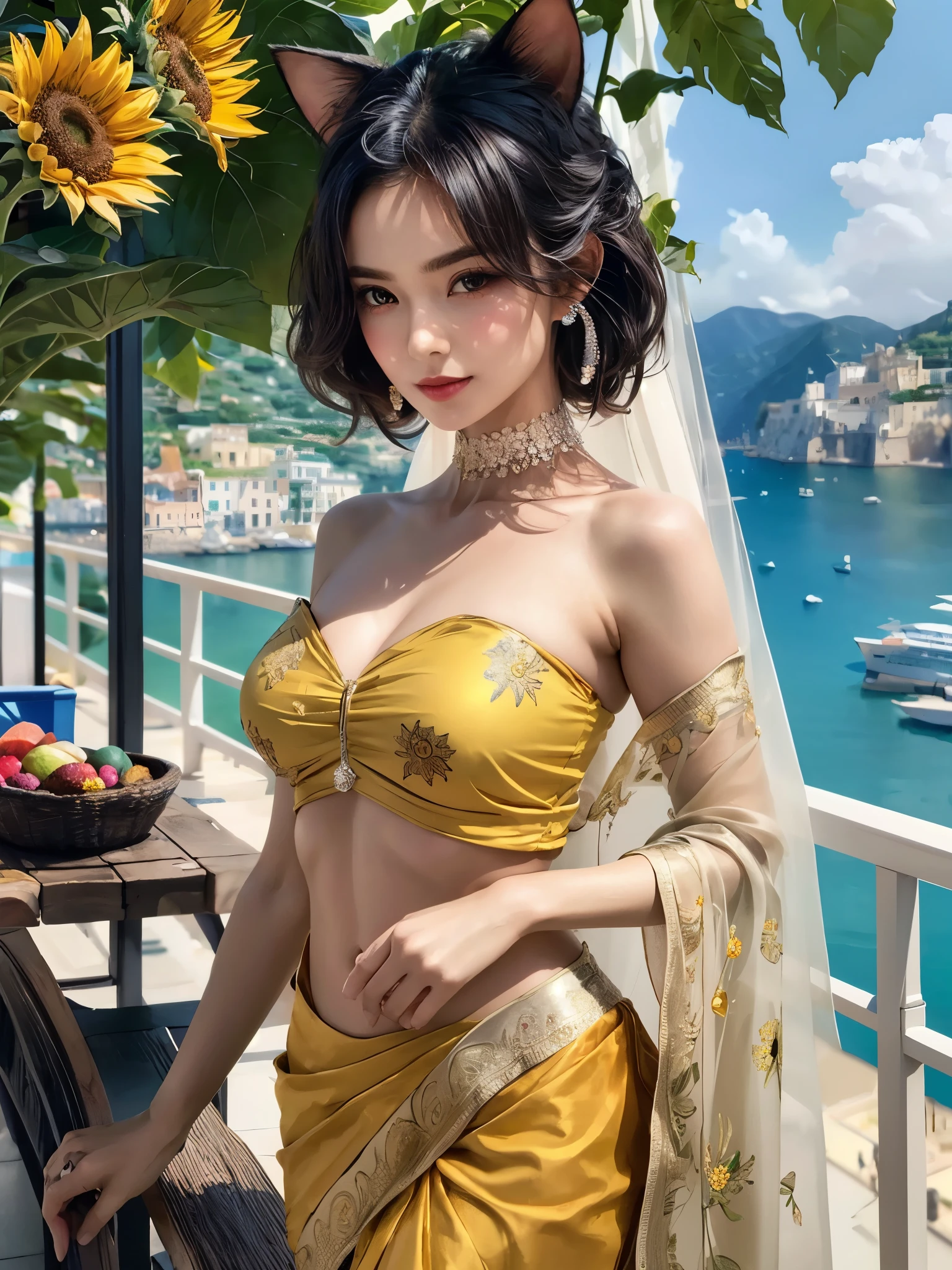 girl wearing strapless blouse under sari, BREAK, 1girl, detailed face, looking at viewer, cleavage, detailed see-through india traditional pattern sari, stud intricate earring, parted lips, detailed skin, cascading hair, exuding sexy and beauty, seashore, amalfi coast, lemon liquor, limoncello, colorful building, sunflower, cat ear band,