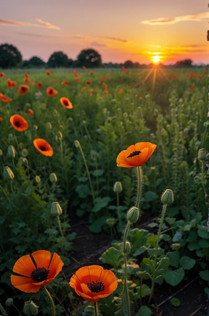 Poppy plant and a butterfly on it with a beautiful sunset