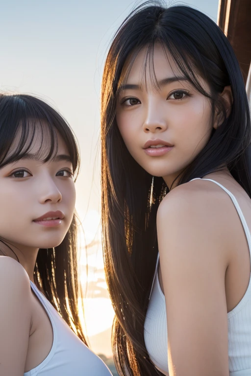 Three smiling girls, Blowing in the wind for a long time [Blue-black:.3] hair,View Audience, (masterpiece:1.3), (8K, Realistic, RAW Photos, Highest quality: 1.4), Japanese, (One Girl), Beautiful Face, (Realistic Face), beautiful hairstyle, Realistic eyes, Beautiful details, (Realistic Skin), Beautiful Skin, charm, Ultra-high resolution, Ultra-realistic, Very detailed, School, Shooting with a smartphone、