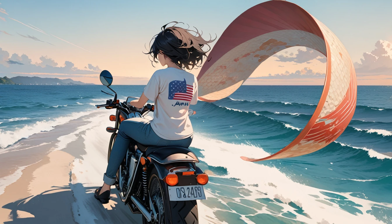 (((from behind))), ((8k of extremely detailed CG unit, Masterpiece, high resolution, highest quality, highest quality real texture skin)), (((Driving an American motorcycle))),  (((Ocean))), ((1 girl)), (Japanese pattern Tシャツ, denim), (Black hair, messy hair, beige skin), (surreal, digital painting)