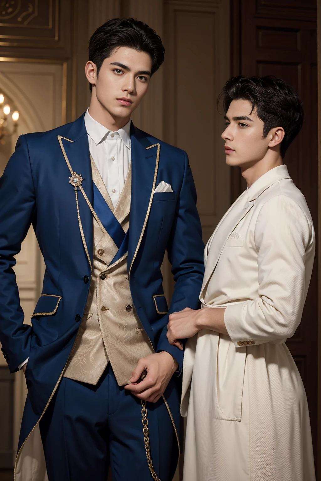 ((masterpiece)),((best quality)),8K,high detail,Very detailed, Very manly,2 men, like,fashion pose, Realistic skin texture, Light,
Royal blue style couple