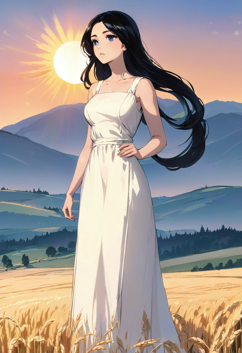 a woman with long black hair and white dress is standing in wheat meadow, looking at sun set, manga style, digital art, by Marshall Arisman, cover illustration, 70mm, 7 0 mm, 70 mm, book cover illustration, by Brigette Barrager, album cover, novel cover art for a book, art concept for a book cover, cover art, 7 feet tall,