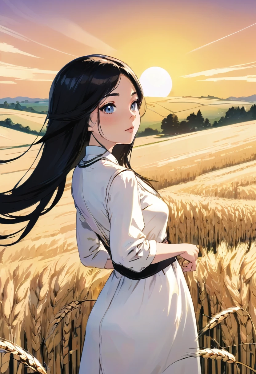 a woman with long black hair and white dress is standing in wheat meadow, looking at sun set, manga style, digital art, by Marshall Arisman, cover illustration, 70mm, 7 0 mm, 70 mm, book cover illustration, by Brigette Barrager, album cover, novel cover art for a book, art concept for a book cover, cover art, 7 feet tall,