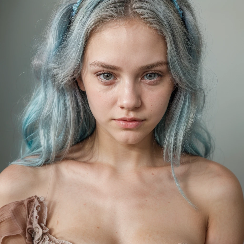 cute American girl, (small lips: 1.2), pointed face, smooth chin, pastel blue hair, innocent look, 18 years old girl, ( focus on face, shallow focus:1.2), head and shoulders portrait, 4k, natural lighting, film grain, SFW