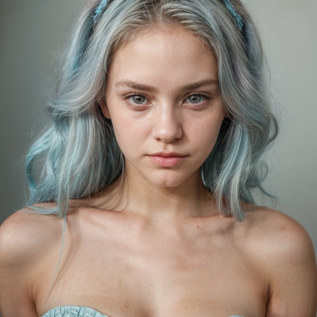 cute American girl, (small lips: 1.2), pointed face, smooth chin, pastel blue hair, innocent look, 18 years old girl, ( focus on face, shallow focus:1.2), head and shoulders portrait, 4k, natural lighting, film grain, SFW