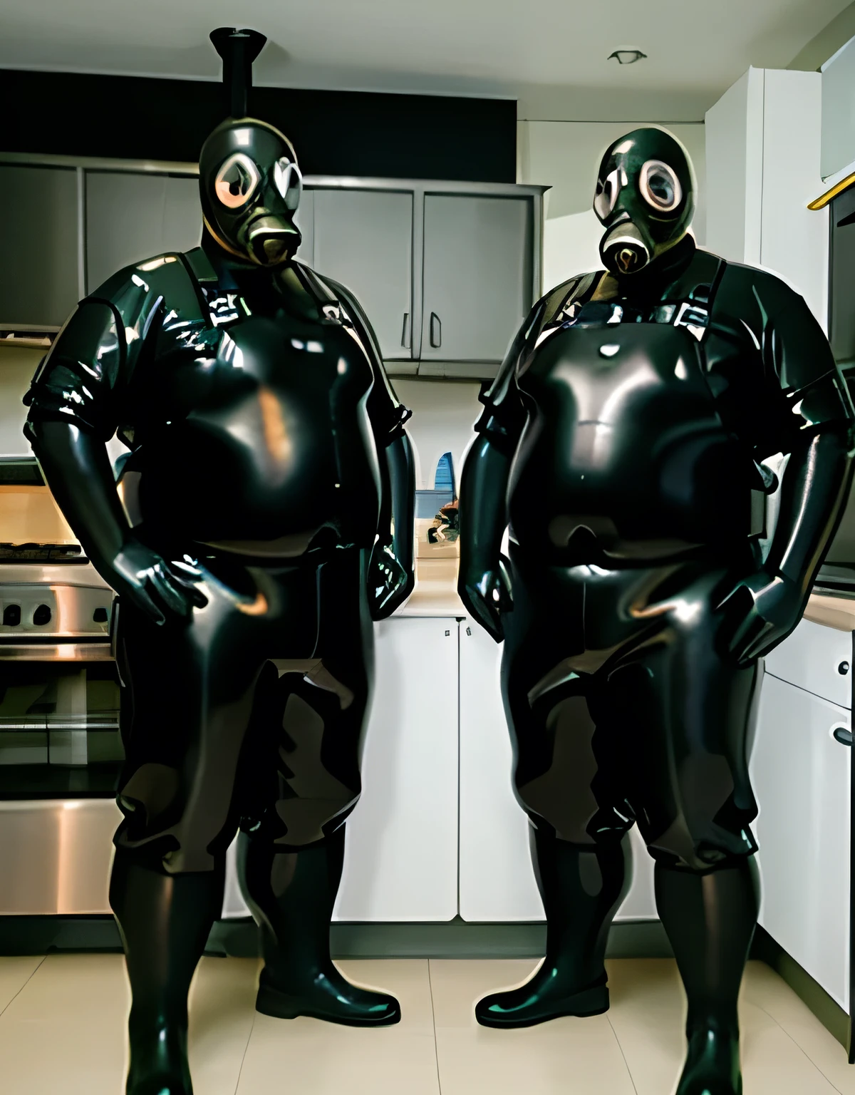 Three fat men in gas masks, latex body suits, rubber aprons, kitchen 