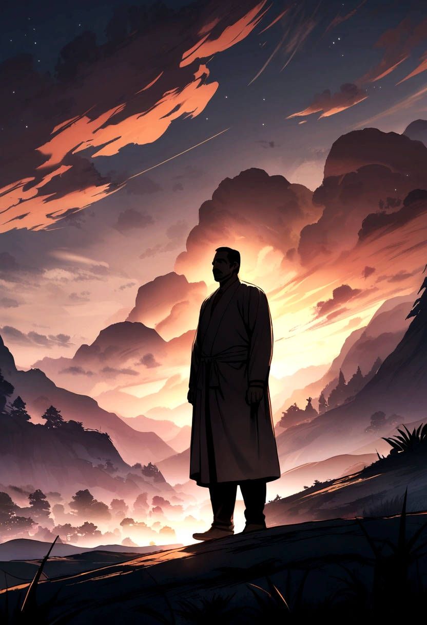 Create a Landscape wallpaper with an Indonesian mature man there 