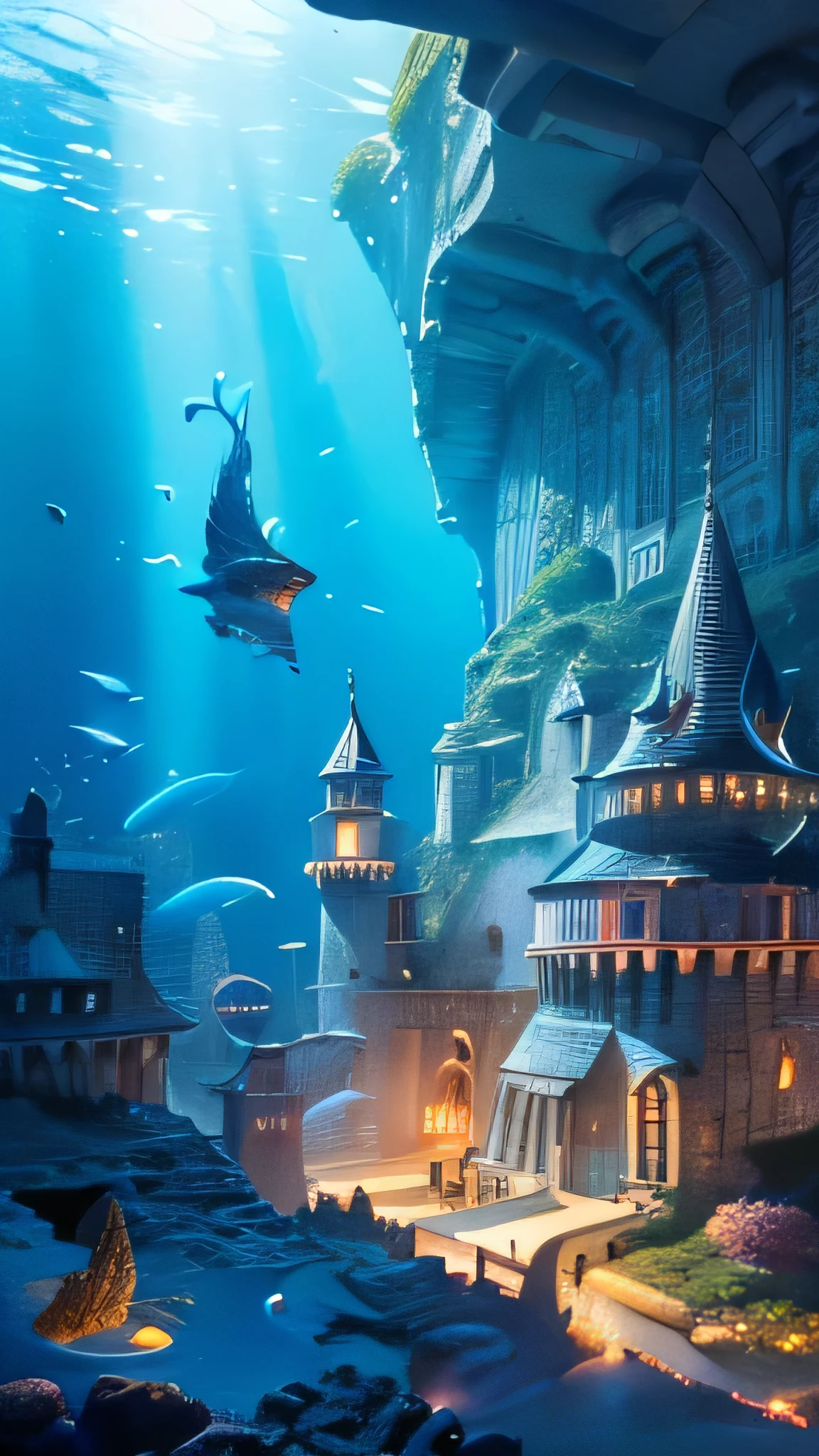 super fine illustration, top quality, underwater castle, majestic architecture, surrounded by marine life, vibrant coral reefs, detailed sea creatures, sun rays filtering through water, deep blue sea, ethereal glow, fantasy style, lush colors, serene ambiance, intricate details, magical underwater scene, aquatic elements, peaceful setting