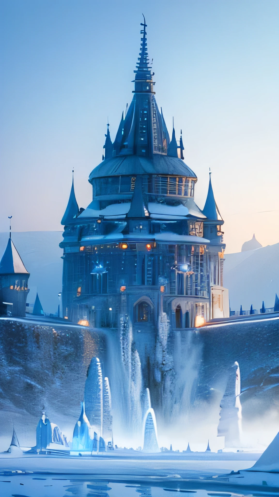 super fine illustration, top quality, ice castle, majestic spires, shimmering ice, detailed architecture, snow-covered landscape, crisp winter sky, ethereal glow, vibrant blues and whites, frosty details, glacial ambiance, fantasy style, intricate patterns, serene atmosphere, sparkling ice crystals, cold elegance