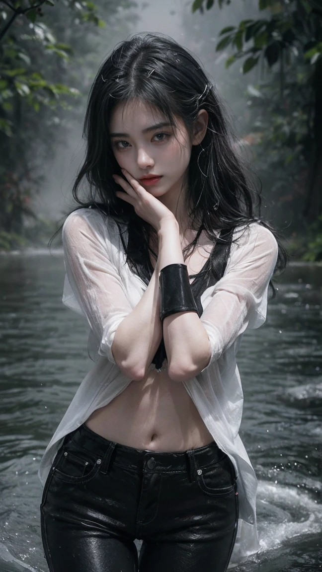Stop-action photo of woman enjoy playing in the rain, wearing black t-shirt, wearing hot pants. her body grazing the raindrops, creating an image of raindrops frozen in mid- air, as if frozen by a stunning force. extremely details. masterpiece. beautiful light. in the middle of a river in a dense tropical forest.