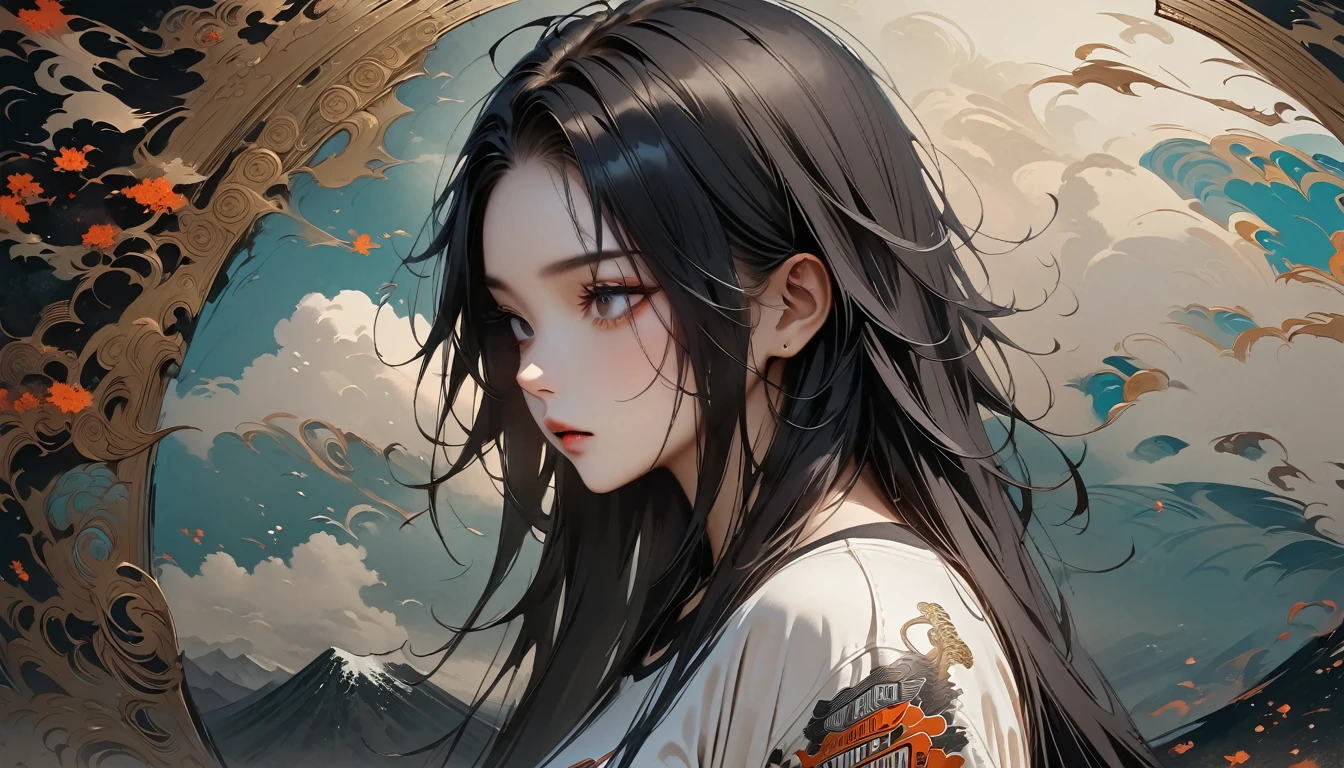 (((from behind))), ((8k of extremely detailed CG unit, Masterpiece, high resolution, highest quality, highest quality real texture skin)), (((Harley-Davidson))), (((background image 海))), ((1 girl)), (Japanese pattern Tシャツ, デニム), (Black hair, messy hair, beige skin), (Surreal, digital painting)