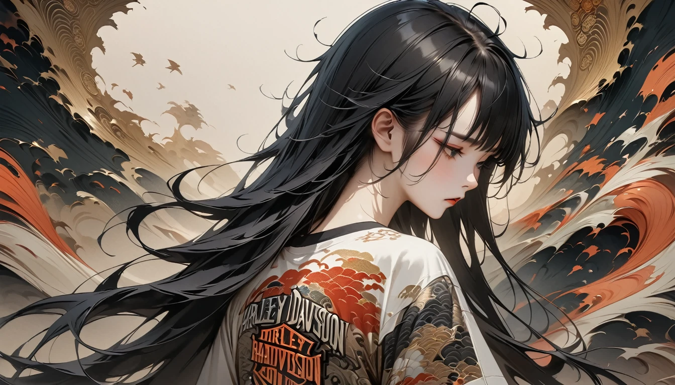 (((from behind))), ((8k of extremely detailed CG unit, Masterpiece, high resolution, highest quality, highest quality real texture skin)), (((Harley-Davidson))), (((background image 海))), ((1 girl)), (Japanese pattern Tシャツ, デニム), (Black hair, messy hair, beige skin), (Surreal, digital painting)