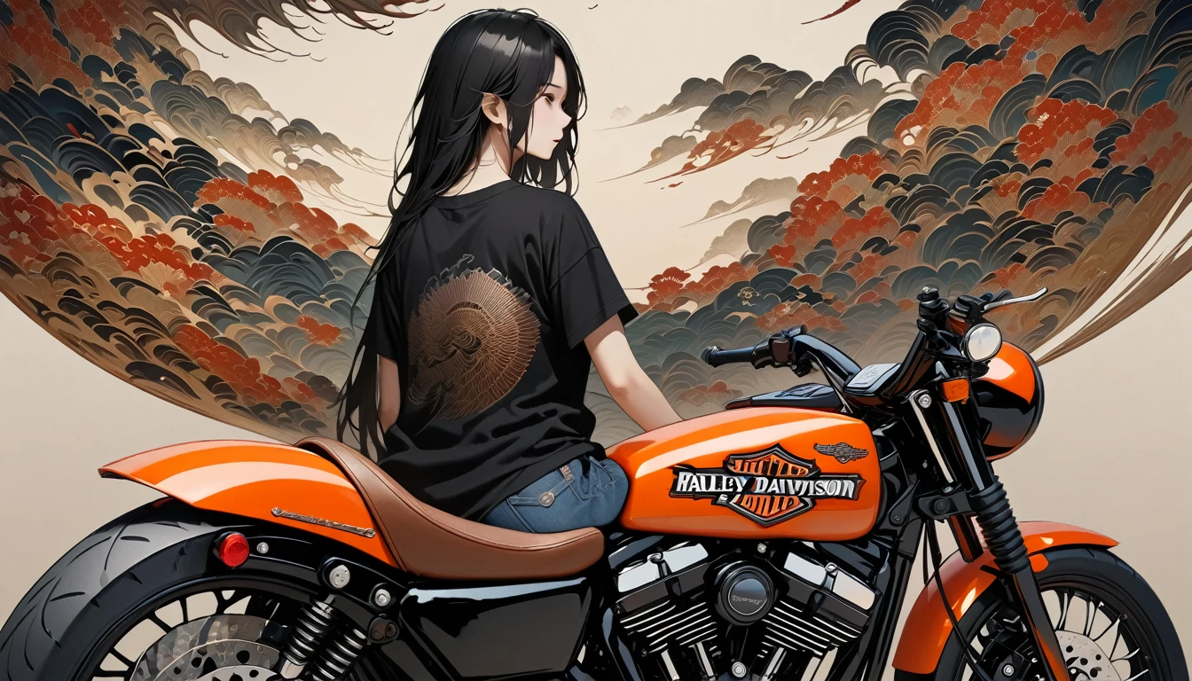 (((from behind))), ((8k of extremely detailed CG unit, Masterpiece, high resolution, highest quality, highest quality real texture skin)), (((Harley-Davidson))), (((background image 海))), ((1 girl)), (Japanese pattern Tシャツ, デニム), (Black hair, messy hair, beige skin), (Surreal, digital painting)