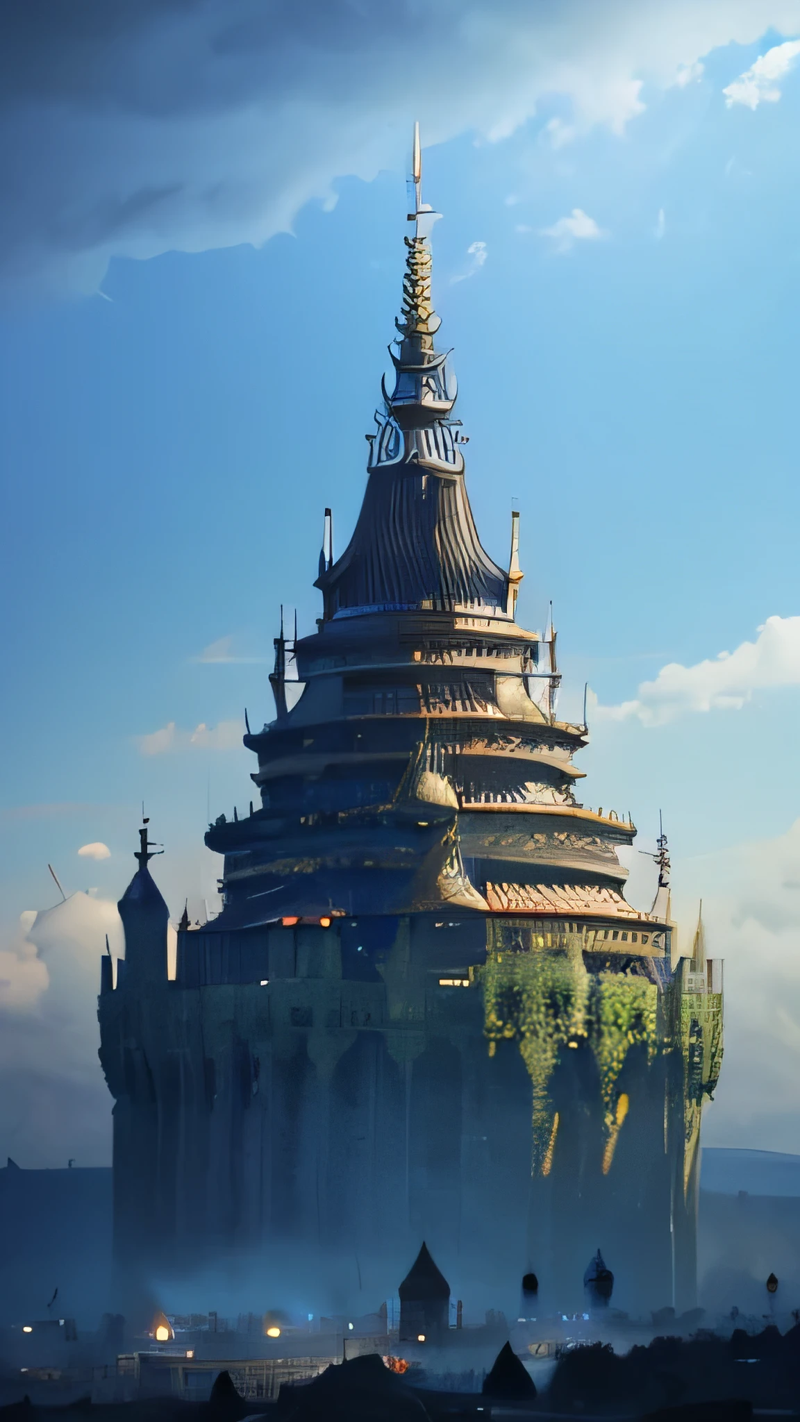 super fine illustration, top quality, wind castle, ethereal architecture, swirling clouds, dynamic air currents, floating structure, bright sky, flowing banners, detailed spires, vibrant colors, fantasy style, majestic presence, airy ambiance, intricate details, expansive horizon, gentle motion, serene and magical atmosphere