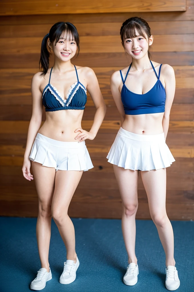 2 girls walking in wooden school classroom,blue micro bikini with white trim,18-year-old,bangs,a little smile,thighs,knees,short hair with low pigtails,from before,front light