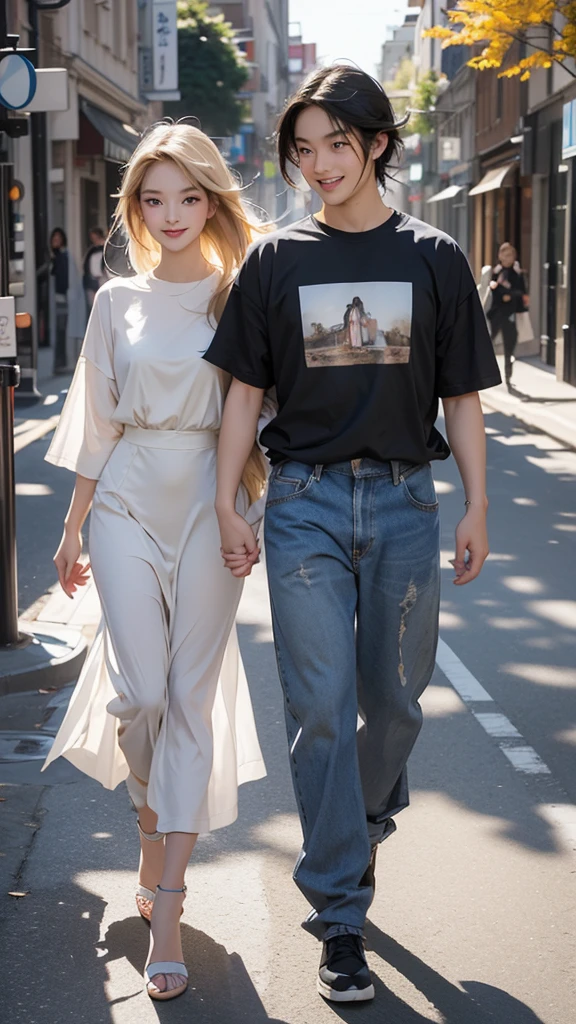 Please create an image of a stunning beauty who is half French and half Japanese. She has an exceptionally beautiful face, with striking blue eyes and long, straight blonde hair. She wears a cute dress and has a joyful smile, with the corners of her mouth turned up. The second person is a man with black hair and long bangs. He wears a T-shirt and denim. His expression is slightly bashful. The composition should depict both of them in full-body view, walking side by side. They appear to be having a conversation while walking together. Their eyes meet, and they share a happy laugh. The background is a university campus.