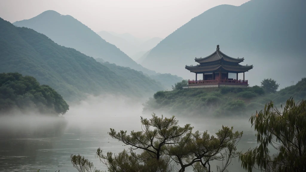 South of the Yangtze, the rain drips down on the willow branches, while in the distance, the pavilions appear faintly through the mist, like a traditional Chinese ink painting. The lighting is soft, captured with a long focal length lens and low saturation, creating a tranquil and detailed texture, enveloped in a mysterious beauty.,,in clothes