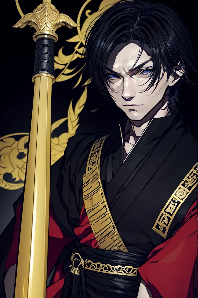 a close up of a person with a sword and a guy with a red dress, handsome guy in demon slayer art, best anime character design, detailed anime character art, anime character; full body art, anime character design a death god, character adoptable, handsome japanese demon boy, golden + concept art, official character art, onmyoji detailed art, beautiful male god of death a close up of a person in a black dress with a gold belt, flowing white robes, white haired deity, genshin impact character, golden-black robes, picture of a male samurai and death god, d&d dark sun character art, official character art, portrait of ororo munroe, holding a katana, holding a katana, holding a katana, holding a katana, holding a katana,golden effects, golden effects, effects, golden effects,black hair, black hair, black hair, black hair, black hair, golden effects, golden effects, BLUE eyes, BLUE eyes, BLUE eyes, BLUE eyes