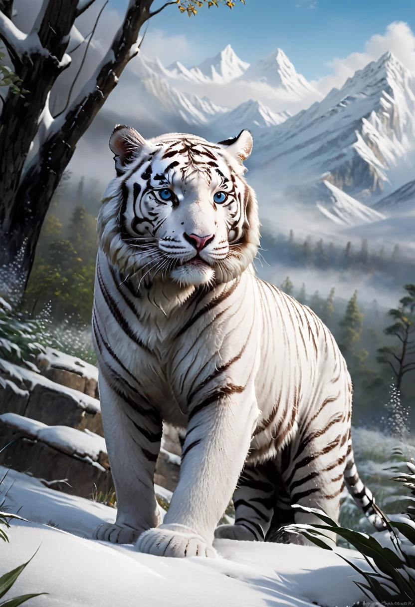 In a breathtakingly beautiful landscape, a majestic white tiger stands proudly amidst a vibrant scene. The tiger's pristine white fur, adorned with striking black stripes, creates a stunning contrast against the lush greenery of the dense forest. The backdrop features a clear blue sky, dotted with a few fluffy white clouds, and the sun casts a warm, golden glow, highlighting the tiger's powerful and graceful presence. Surrounding the tiger, a field of colorful wildflowers sways gently in the breeze, adding a splash of vivid hues to the scene. In the distance, towering mountains rise up, their peaks dusted with snow, enhancing the dramatic and picturesque setting. The overall composition of the landscape and the magnificent white tiger creates a sense of awe and wonder, blending natural beauty with the wild elegance of one of nature's most magnificent creatures.