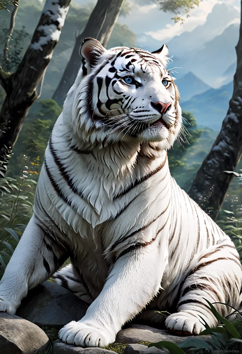 In a breathtakingly beautiful landscape, a majestic white tiger stands proudly amidst a vibrant scene. The tiger's pristine white fur, adorned with striking black stripes, creates a stunning contrast against the lush greenery of the dense forest. The backdrop features a clear blue sky, dotted with a few fluffy white clouds, and the sun casts a warm, golden glow, highlighting the tiger's powerful and graceful presence. Surrounding the tiger, a field of colorful wildflowers sways gently in the breeze, adding a splash of vivid hues to the scene. In the distance, towering mountains rise up, their peaks dusted with snow, enhancing the dramatic and picturesque setting. The overall composition of the landscape and the magnificent white tiger creates a sense of awe and wonder, blending natural beauty with the wild elegance of one of nature's most magnificent creatures.