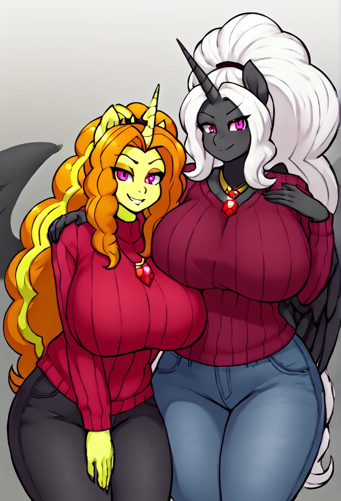 Alicorn princess female and Adagio Dazzle , white mane, ,black body color long flowing mane pink eyes anthro huge breasts , jeans,sweater
lesbians ,perfect body shape hugging from behing looking at viewer ,smiling at camera red gem necklace ,evil