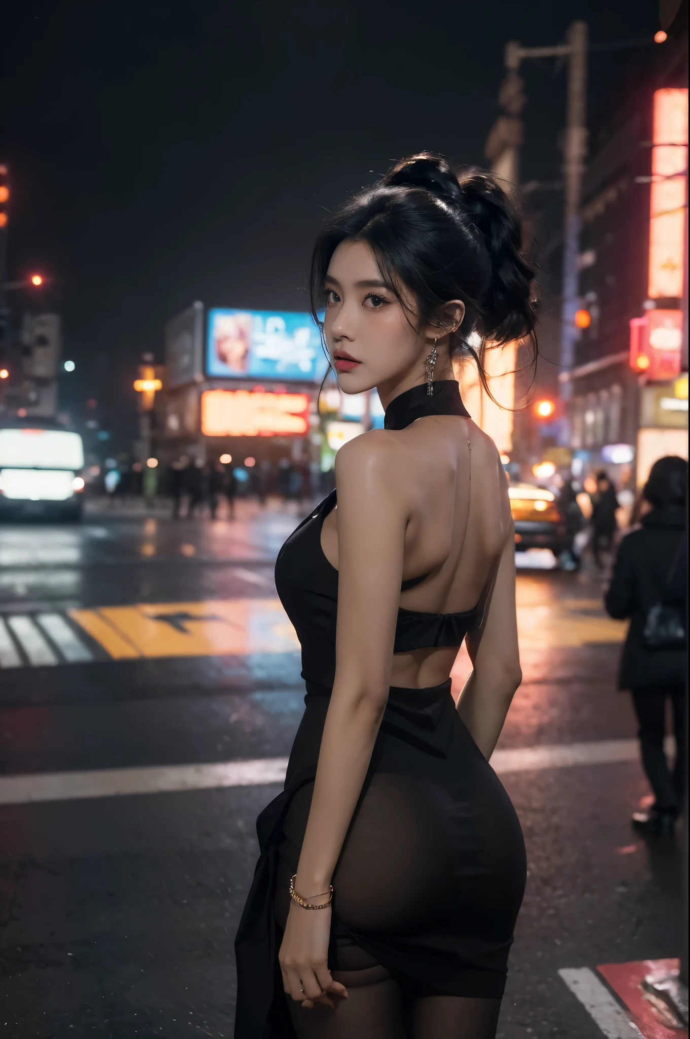 (((best quality))),(((ultra detailed))),(((masterpiece))),illustration,1girl,slim,vibrant rose-pink cotton dress,short ponytail,pantyhose,standing, bustling city streets, honking cars,surrounded by crowded crowds, colorful advertisements,enjoying sights and sounds,(dark black skin:1.5),day scene,upper body,from front,bare back,towering hips,butt crack