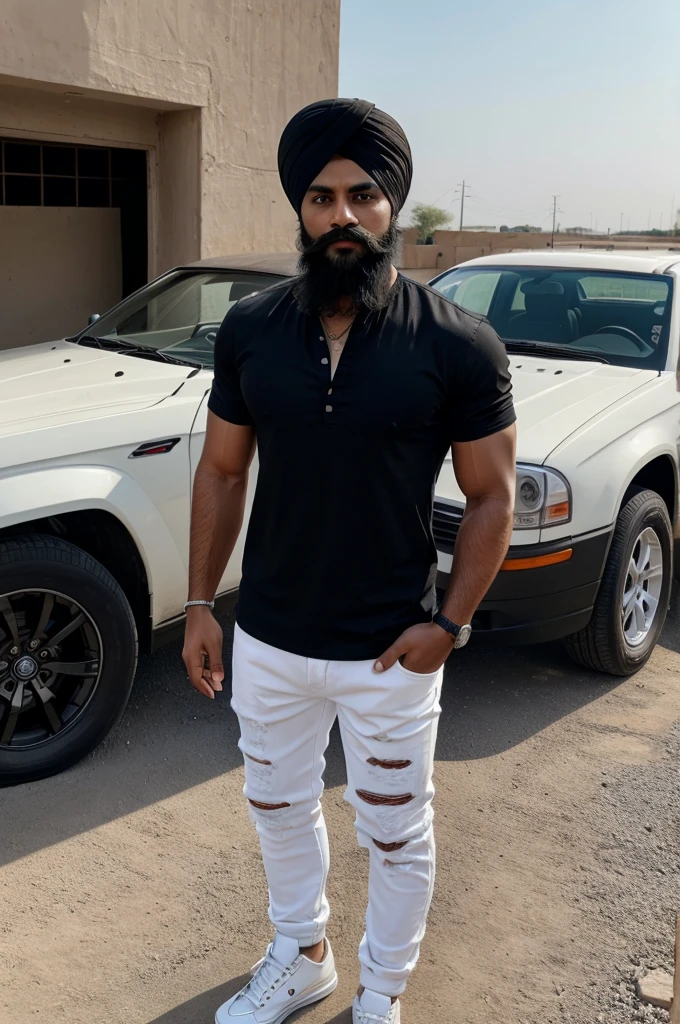 A handsome sardar boy in black turban, white t shirt, black denim jacket, black jeans, white shoes standing near thar car, 4k ultra hd image