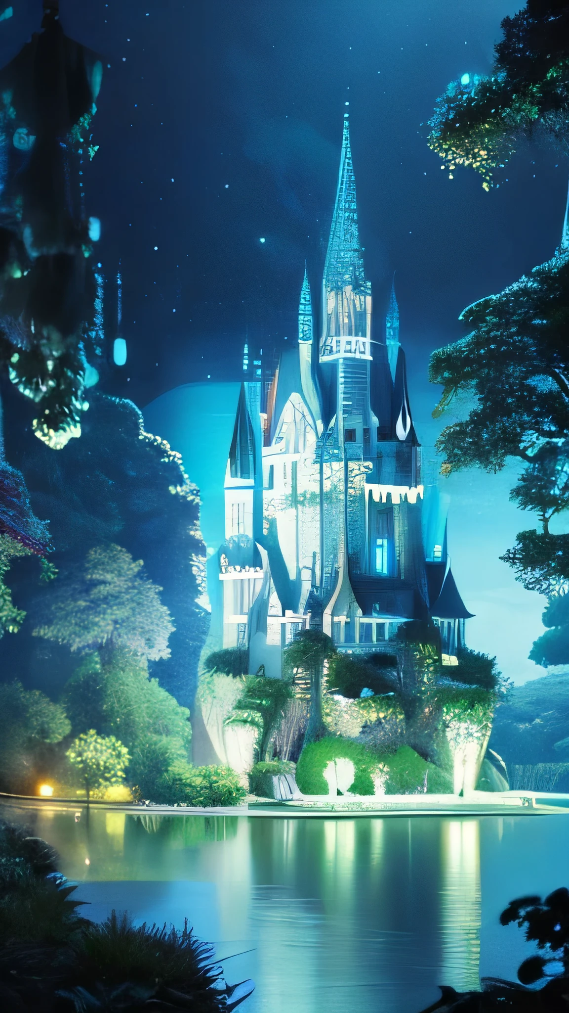 super fine illustration, top quality, water castle, fluid architecture, surrounded by water, flowing streams, detailed spires, cascading waterfalls, serene lake, vibrant blues and greens, ethereal glow, fantasy style, intricate details, tranquil ambiance, shimmering surface, aquatic elements, magical and peaceful atmosphere