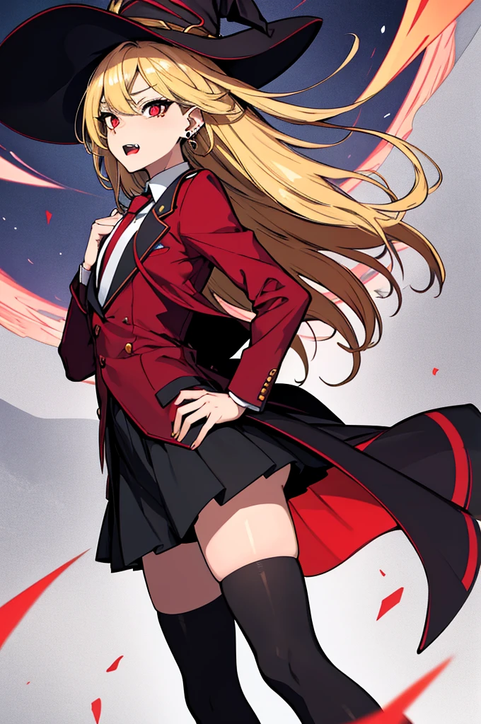 (absurdres, 8k, 4k, masterpiece, hyper extreme detailed:1.2), solo, perfect anatomy, cowboy shot, 1girl, front view, perfect face, 1girl, portrait, standing, adult, adult female, mature, Female, Mature Female, very long hair, 8k uhd, 1girl, slender, cowboy shot, standing, half body, front view, red tie, night sky, moon, stockings, big witch hat, witch, blonde hair, piercings, earrings, detailed eyes, expressive eyes, colorful pupils, blazer, skirt, fang tooth, red eyes, earrings, hand on hip, flat chest, looking forward, front view, messy hair, wind, windy, moving hair, moving clothes, swept bangs, mature body, gyaru, crazy face, crazy eyes, disgusted, annoyed, colorful clothing, groan, military boots