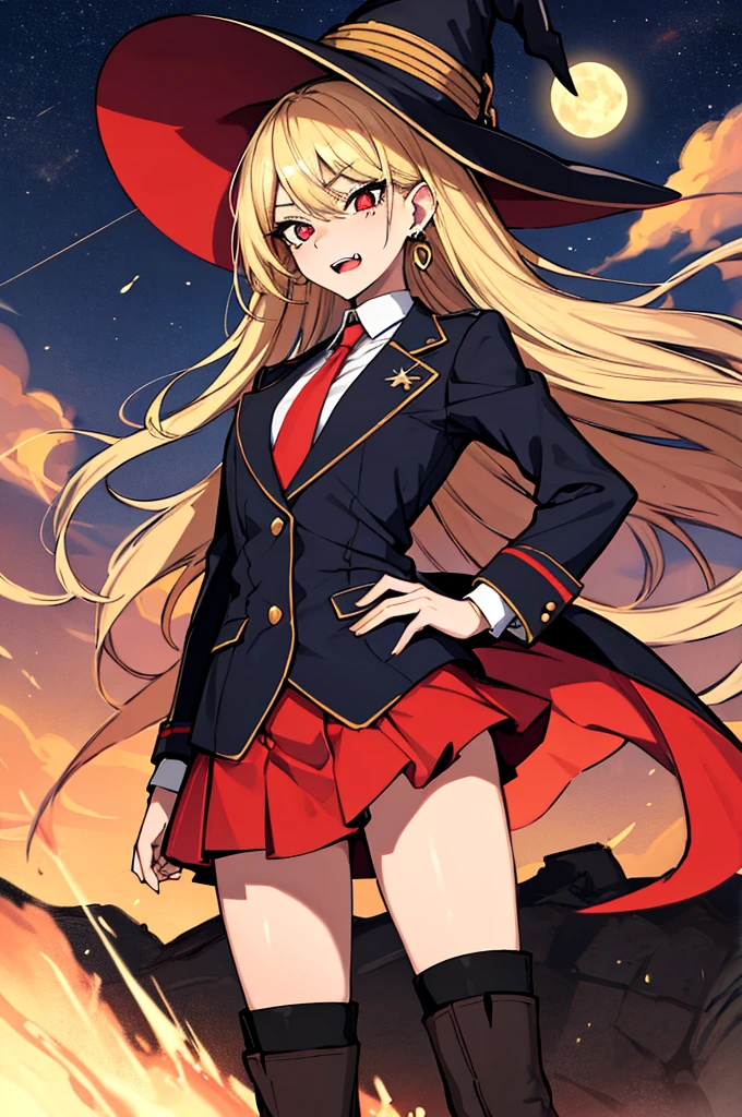 (absurdres, 8k, 4k, masterpiece, hyper extreme detailed:1.2), solo, perfect , cowboy shot, 1girl, front view, perfect face, 1girl, portrait, standing, adult, adult female, mature, Female, Mature Female, very long hair, 8k uhd, 1girl, slender, cowboy shot, standing, half body, front view, red tie, night sky, moon, stockings, big witch hat, witch, blonde hair, piercings, earrings, detailed eyes, expressive eyes, colorful pupils, blazer, skirt, fang tooth, red eyes, earrings, hand on hip, flat chest, looking forward, front view, messy hair, wind, windy, moving hair, moving clothes, swept bangs, mature body, gyaru, crazy face, crazy eyes, disgusted, annoyed, colorful clothing, groan, military boots