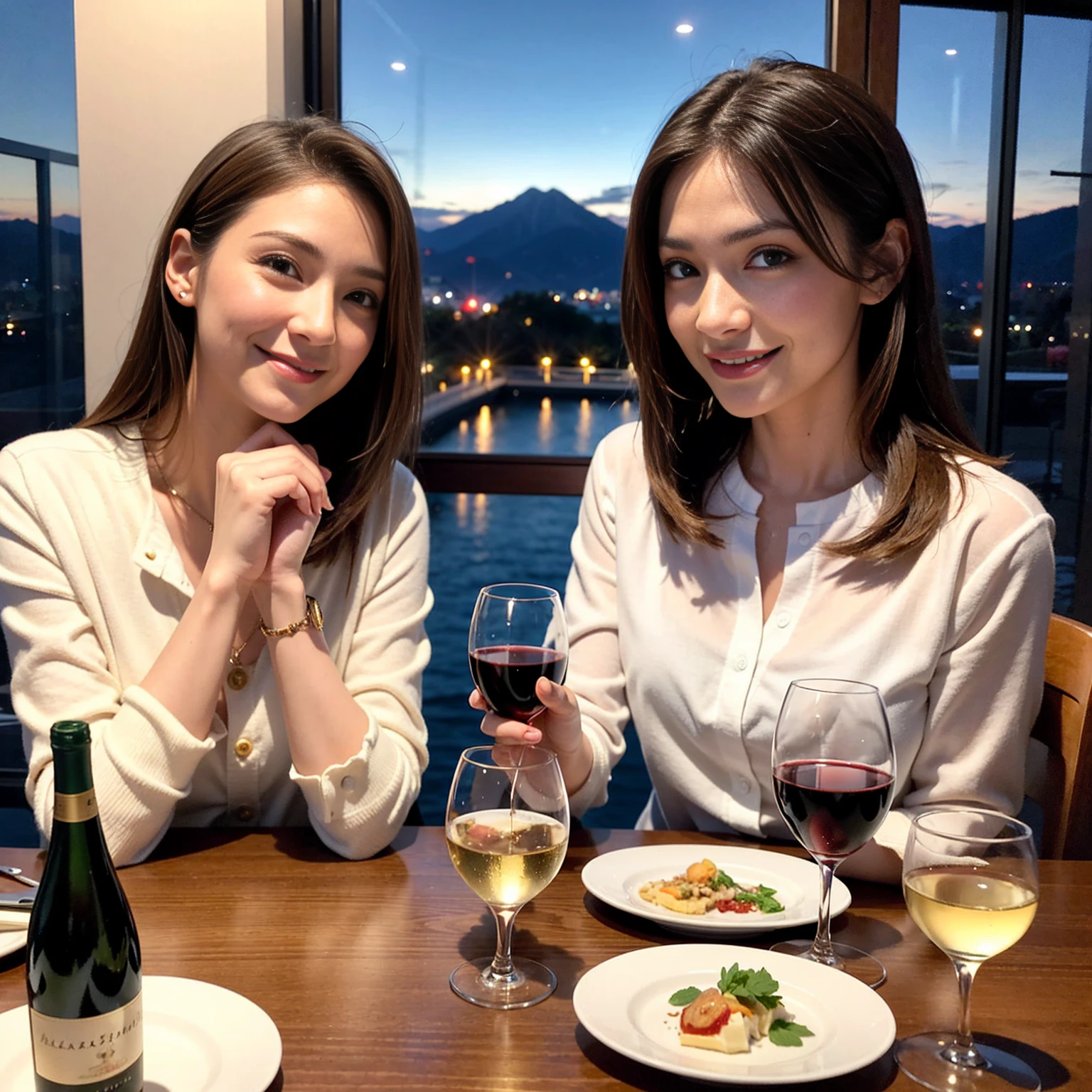 (including k, nffsw, highest quality, table top: 1.2), (realistic, photorealistic: 1.37), Spectacular view of the sunset sky and clouds、Amazing mountain views、long sleeve shirt、winter fashion、Columbia、Brazilian、Japanese、Dutch、German、Portuguese、Belgian、Italian、French,champagne、sparkling wine、 (Slim Face), (slim body), (brown hair), (shortcut), neat beauty、cheeks turn a little red, (42 years old), 40 years old, alone, Outside the window, a beautiful and detailed night view unfolds.., restaurant, Wine glass sitting, At night, in a prominent place (from the Upper body) nova frog style, actress, Model, Upper body, White wine, slim, wine glass, Super Clean night View, wine glass Put in the Middle, Happy smile, (smile: 1.15), beautiful and detailed eyes, Upper body, bust japan up, night, short, short, actress, Model, Upper body, White wine, slim, wine glass, Super Clean night View, wine glass Put in the Middle, Happy smile,