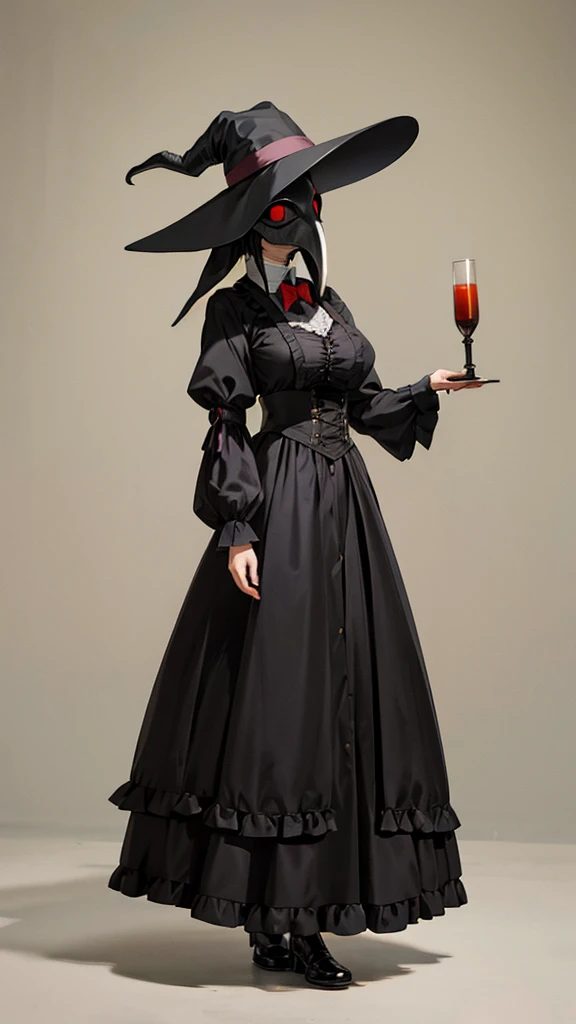 Full body, plague doctor mask, 19th century, adult female, classic maid, straight black hair