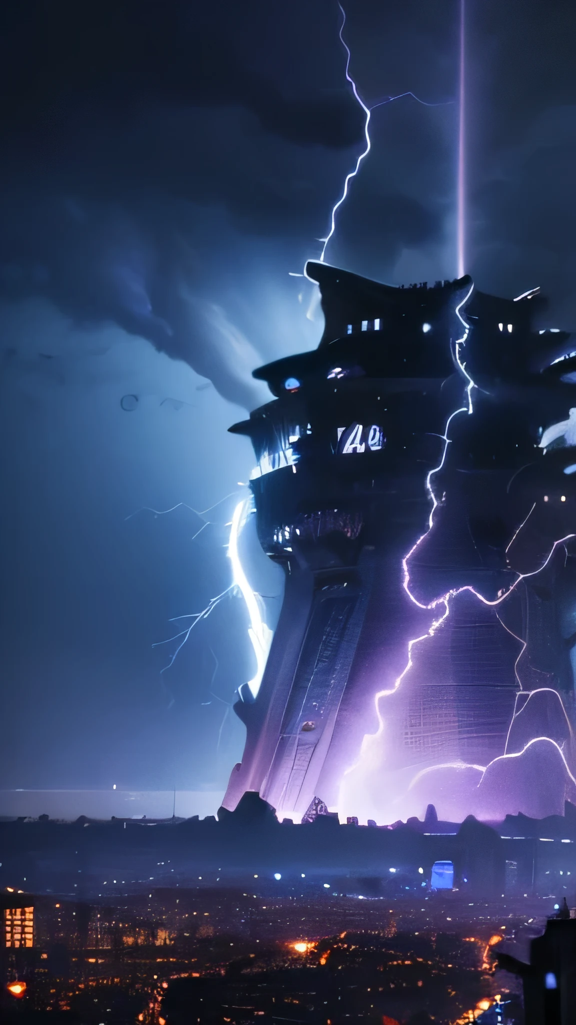 super fine illustration, top quality, thunder castle, dark stormy sky, lightning bolts, dramatic lighting, towering spires, ominous clouds, detailed architecture, electric atmosphere, vibrant blues and purples, fantasy style, powerful presence, intense energy, intricate details, dynamic composition, fierce and awe-inspiring scene